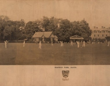 Cricket pitch with school buildings in background. Contributed by A F Duncan