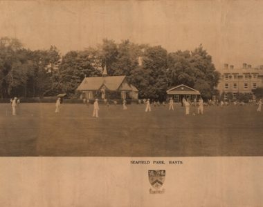 Cricket pitch with school buildings in background. Contributed by A F Duncan