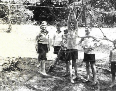 David Haydon about to set of on the rope observed by Tony Potts ( Half-hidden )behind Geoffrey Carlton, Tony Ward,John Noble, Willie Curry, and John Blake. Photo by Mr Colin Mansfield