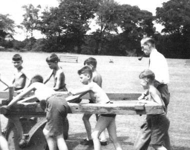 Using the heavy roller. Major Cavan in charge. From Left to Right : ?, Thomas,?, Ward, Fowler ,?,?, Major Cavan Photo Mr ColinMmansfield