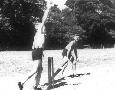 Jeremy Varcoe bowls a googly watched by Nicky Thomas Photo by Mr Colin Mansfield