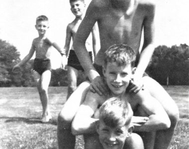 Goofing about ! From L to R: Osborn, Dench. Top of the three : Hogben,?,?. Photo by Mr Colin Mansfield